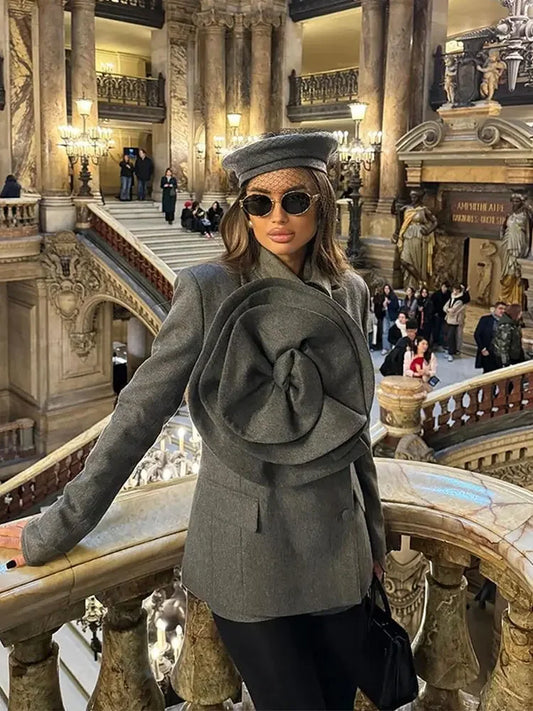 Solid Three-dimensional Flower Lapel Short Coat For Women Chic Casual Long Sleeve Single Breasted Coats Lady Street Overcoat