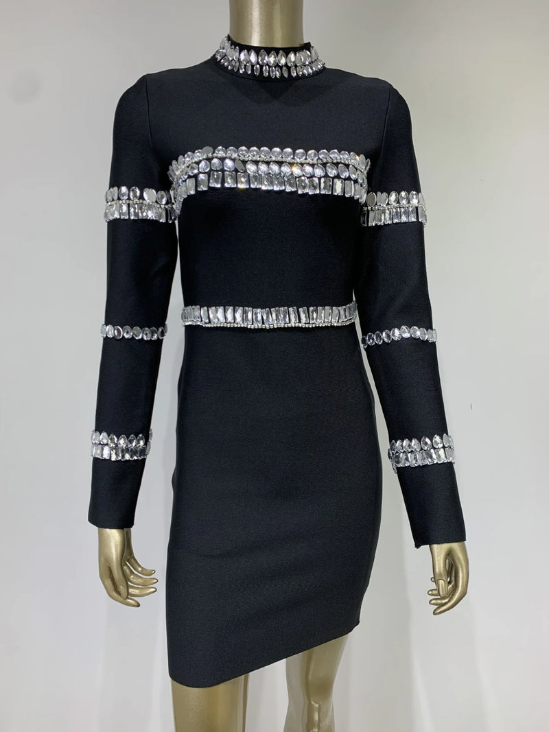 Brand New Winter Turtleneck Beading Long Sleeve Black Mini Bandage Dress