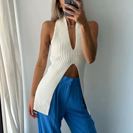 Skinny Knitted Sweater Vest New V-Neck Slit Sleeveless Women's Chic Knit Vest for Women Summer Tops