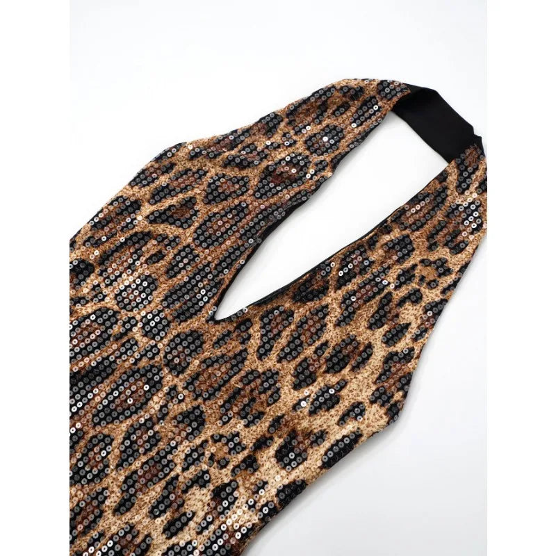 Leopard Sequin Backless Halter Short Dress