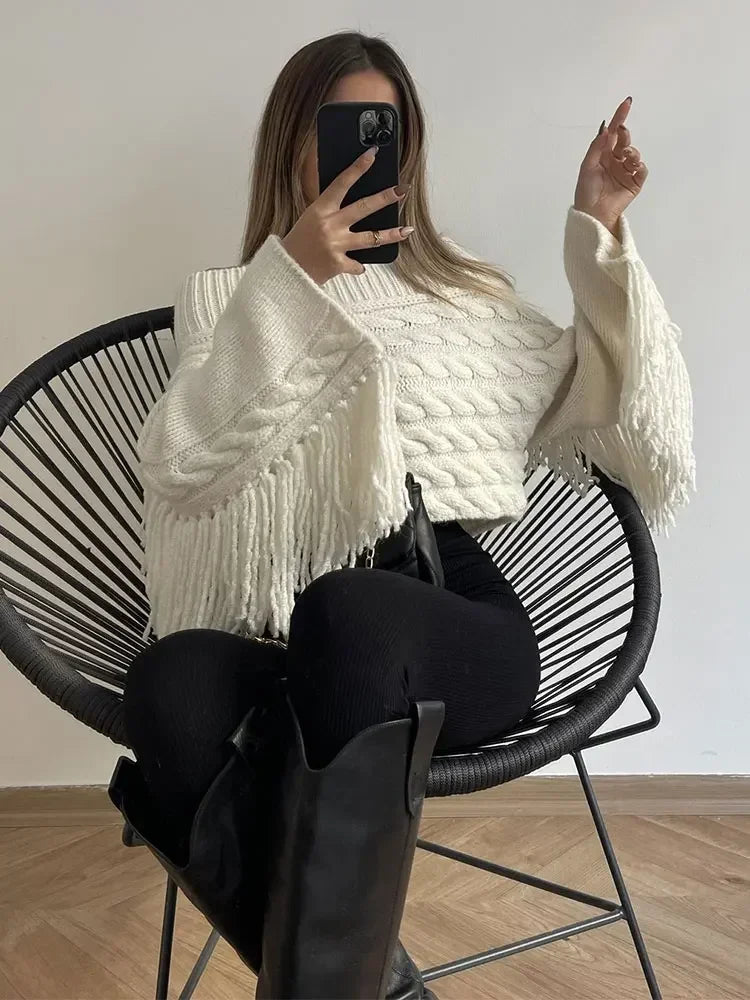 Solid Slash Neck Tassel Knit Pullover Thicken Sweater