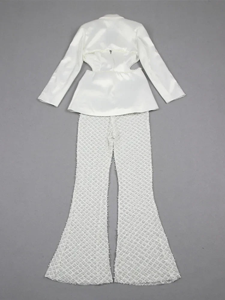 Luxury Sexy Long Sleeve V Neck Pearl Beading White Pants Set