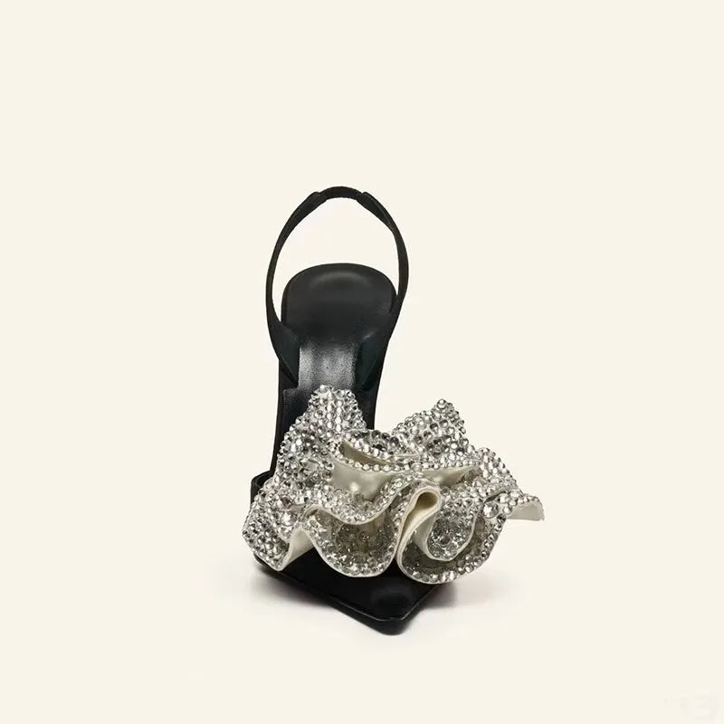 New Sandals Black Rhinestone Flower Sandals Women's Thin High Heel Pointed One Line High Heel Shoes