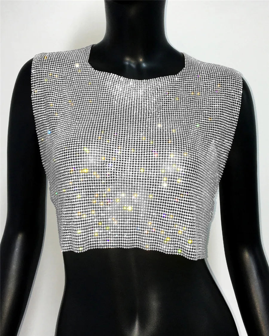 Shiny Rhinestone Sequins Crop Top Sexy Backless Round Neck Metal Tank Top