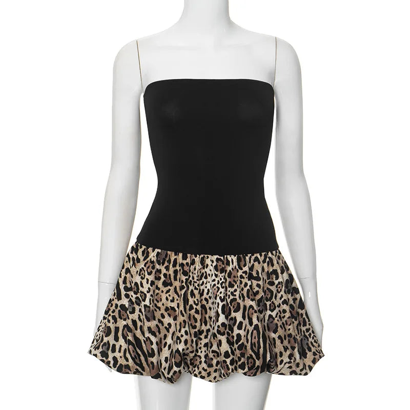 Chic Spliced Leopard Print Dress for Women Off Shoulder Strapless Slim Mini Dress