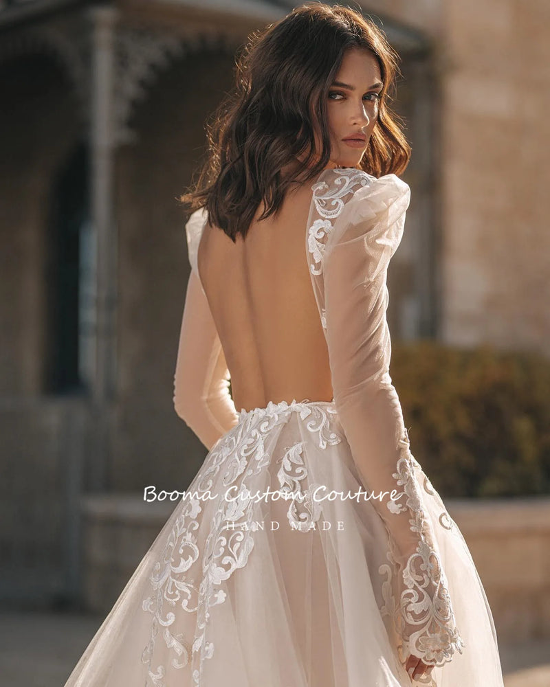 Deep V-Neck Lace Princess Wedding Dresses Backless Bride Dresses