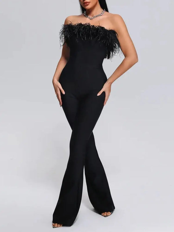 Open Back Tight Wide Leg Luxury Feather Sexy Strapless Bandage jumpsuit Women Jumpsuits