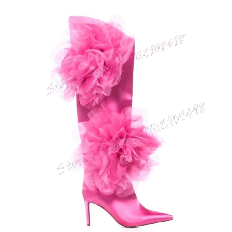 Pink Mesh Flower Decor Satin Boots Knee High Pointy Toe