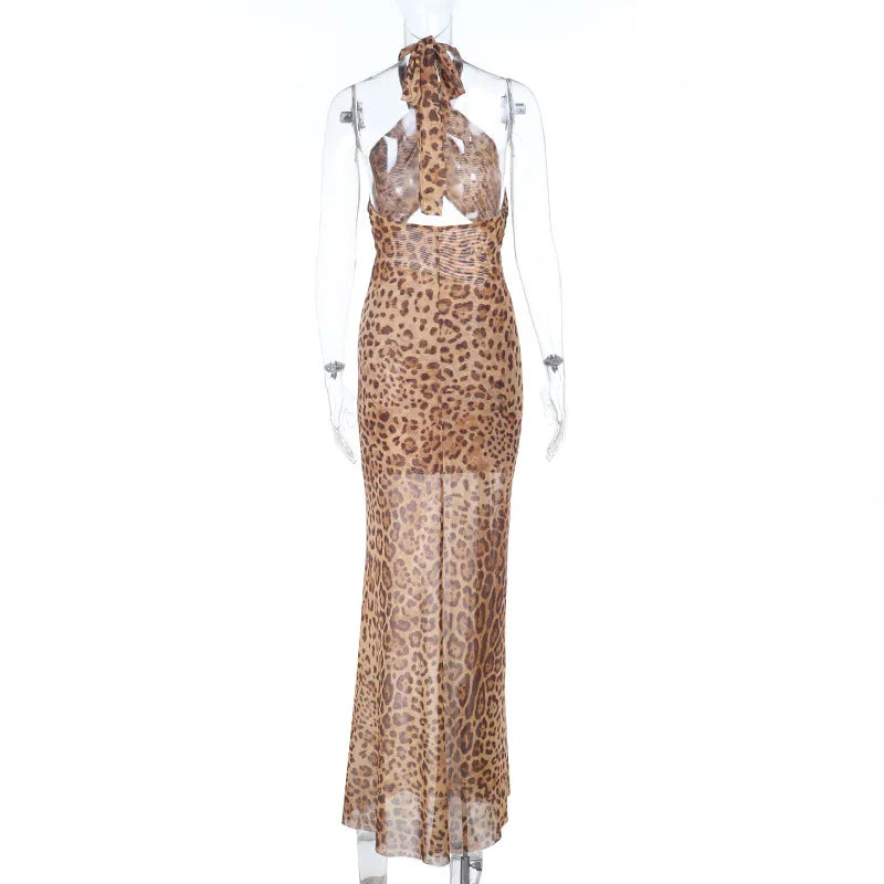 Women Leopard Print Bodycon Maxi Dress Hollow Out Cross Halter Lace Up Backless Drawstring Split Holiday Party Long Dress