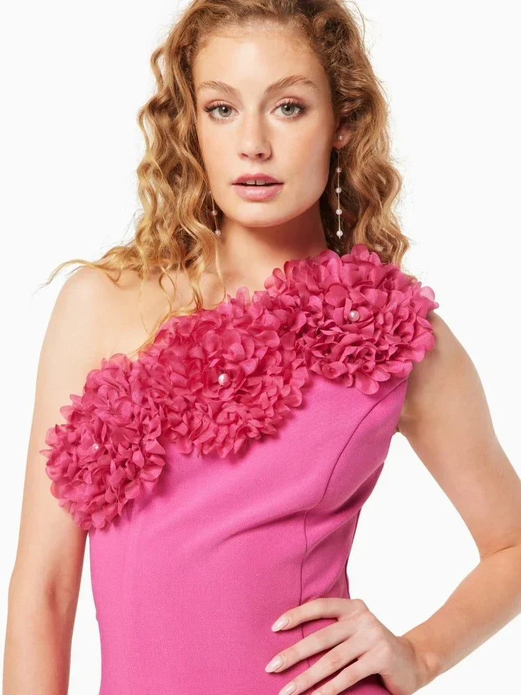Mini Dress Women Rose Red One Shoulder Flower Bodycon Dress Evening Celebrity Party Dres