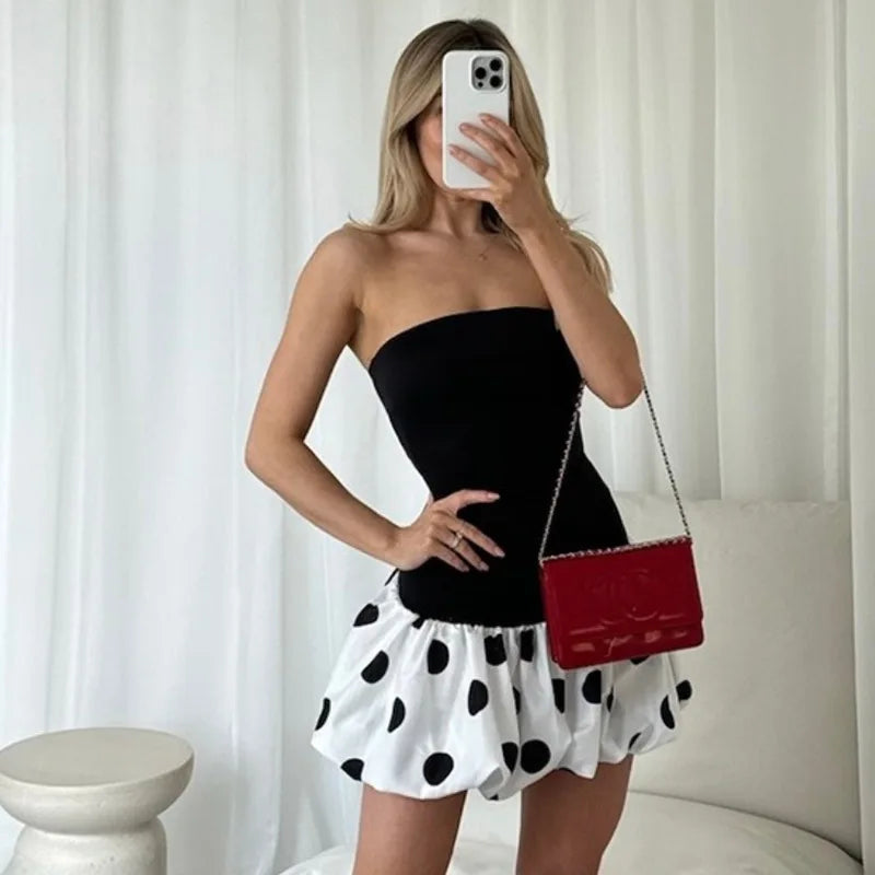 Chic Spliced Leopard Print Dress for Women Off Shoulder Strapless Slim Mini Dress