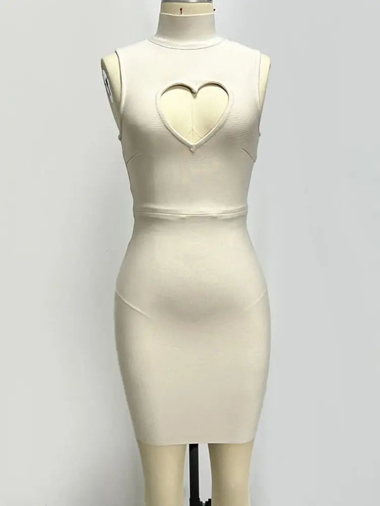 Sleeveless Heart Hollow High Neck Mini Beige Bandage Dress Elegant Evening Party Dress