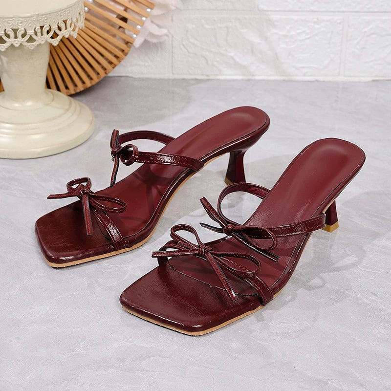 Wine Red High Heels Sandals for Women Square Toe Bowtie Decor Summer Outdoor Slippers Woman Thin Heeled Party Wedding Shoes