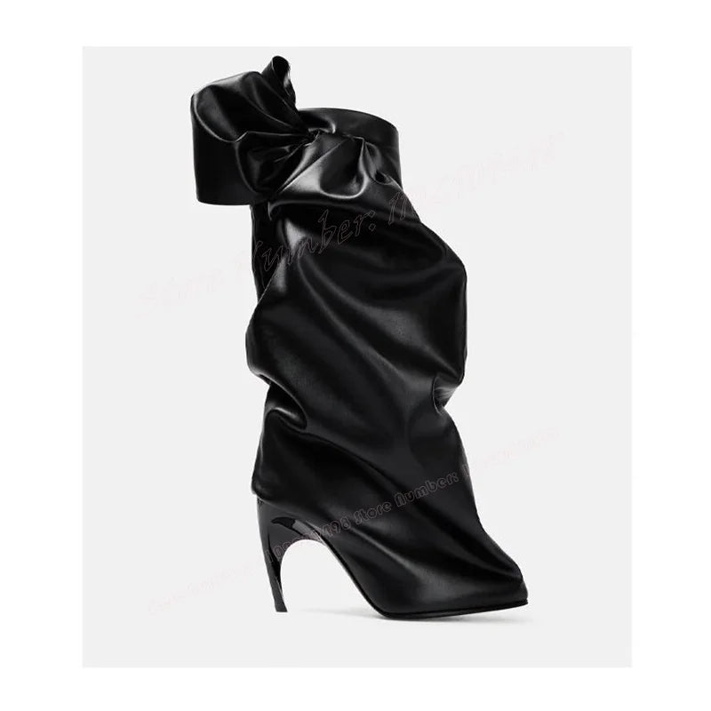 Black Stange Style Heels Pleated Boots