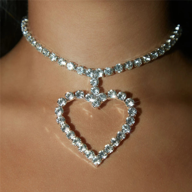 Bling Bling Rhinestone Heart Pendant Necklace Silver Color