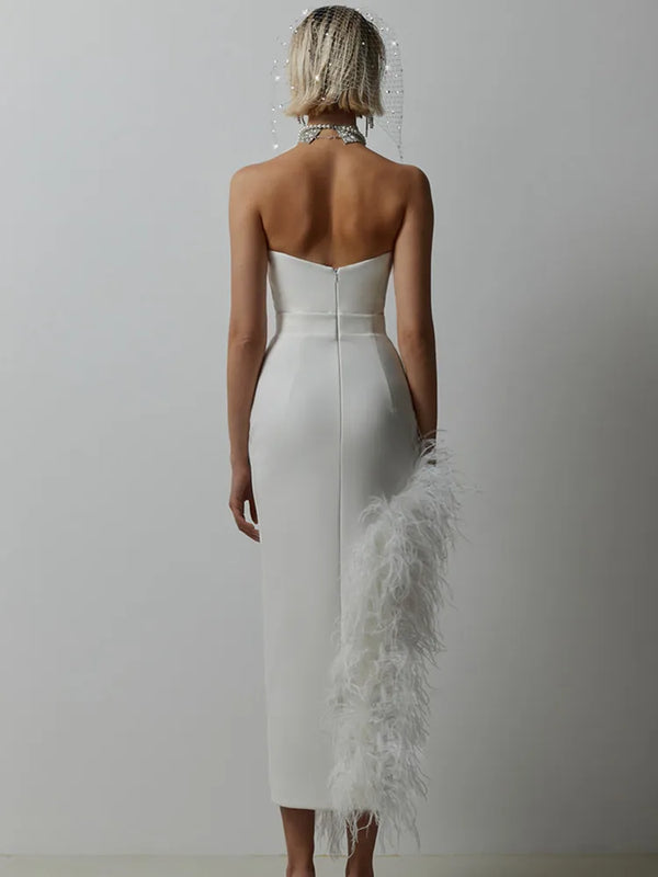 Black White Feather Midi Bandage Dress 2024 Split Knitted Elegant Dress