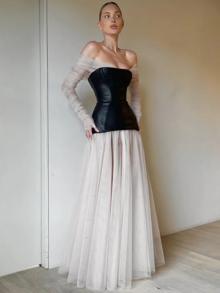 Luxury Off Shoulder Mesh Leather Patchwork Pleated Maxi Long Gowns Dress