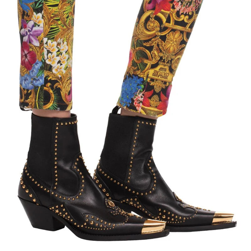 Luxury Brand Design Women Metal Rivet Genuine Leather Ankle Boots Female Handmade High Quality Slip-on Chelsea Boots Booties New