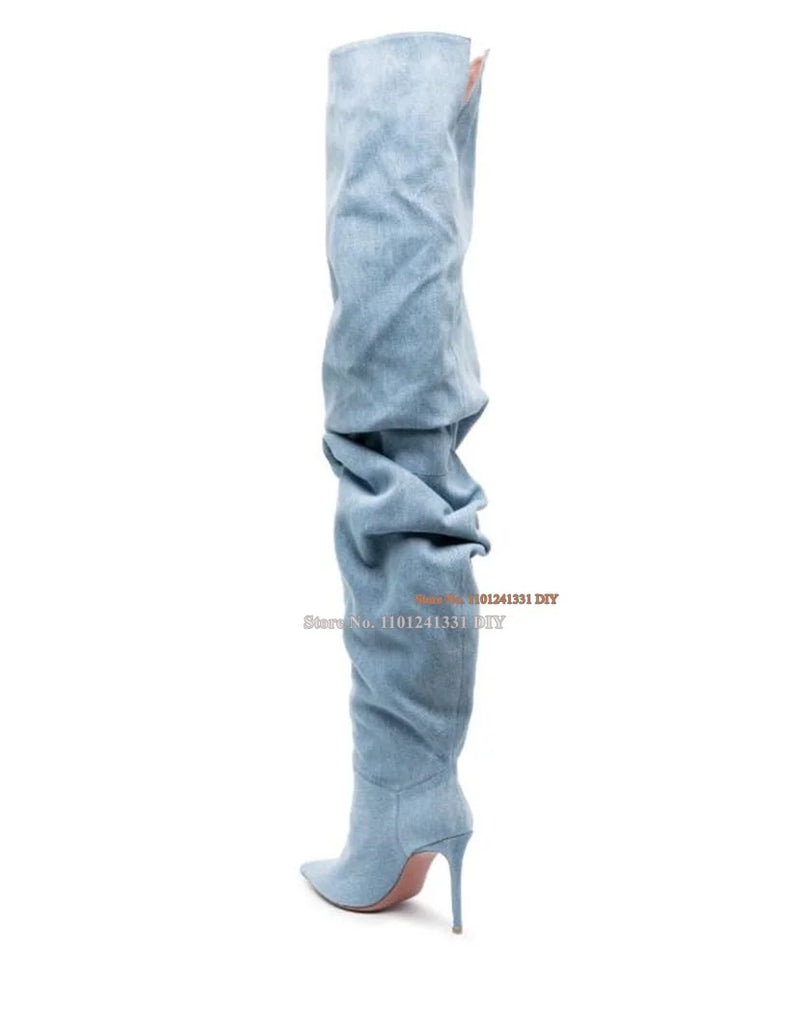 Denim Thigh High Boots In Light Blue Women Pointed Toe Thin High Heeled Stretch Fabric Over The Knee Thigh High Jeans Long Bota