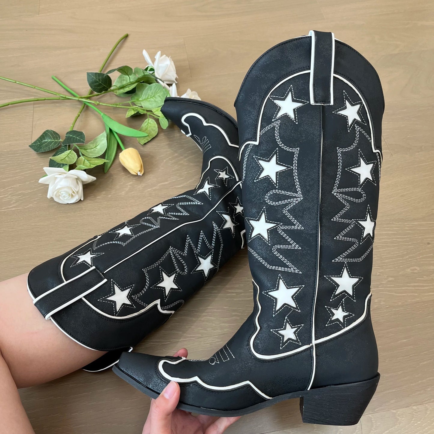 Western Cowboy Boots Star Leather Black 2024 New In Women Wide Calf Chunky Heel Girl Shoes Cowgirl Plus Size Available