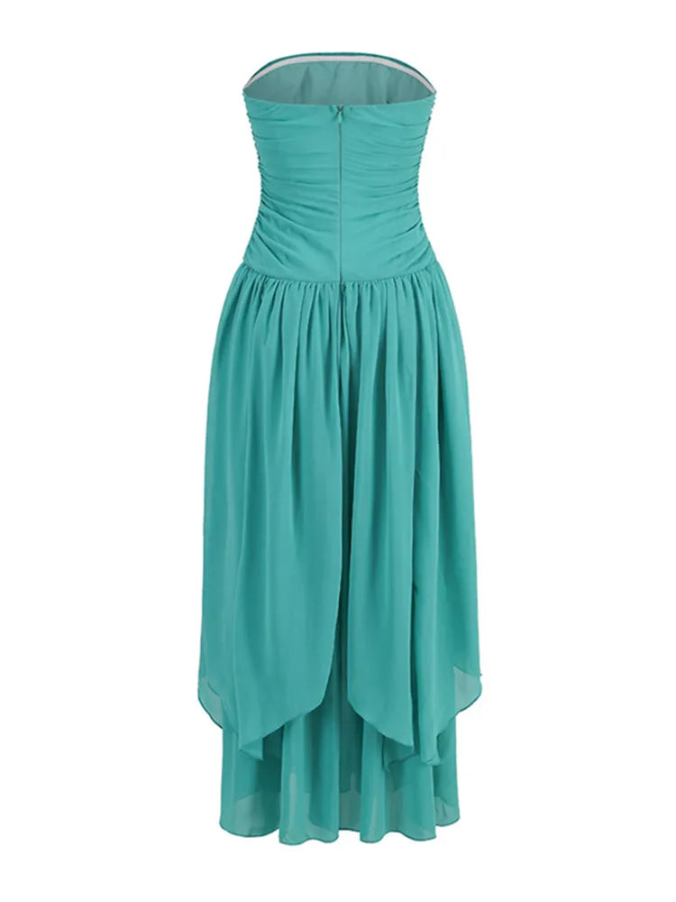 Strapless Backless Mesh Ruched Lake Blue Pleated Long Dress