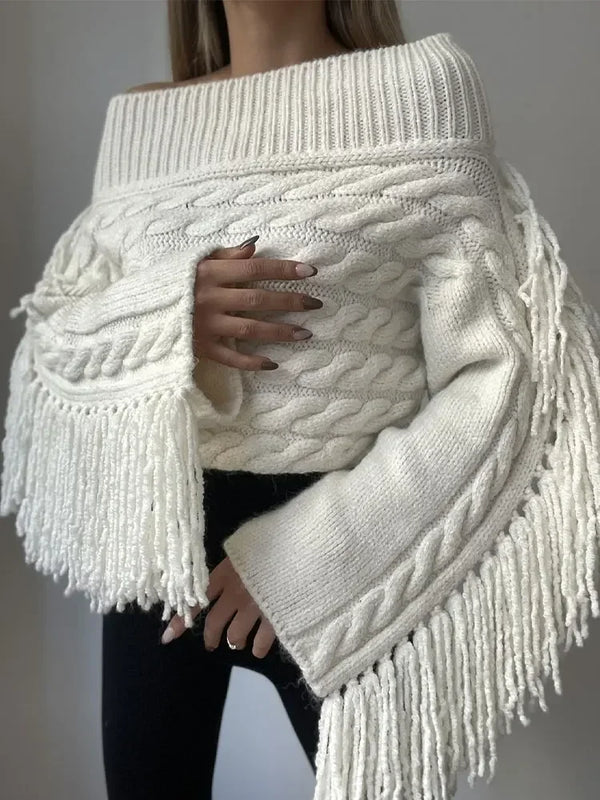 Solid Slash Neck Tassel Knit Pullover Thicken Sweater