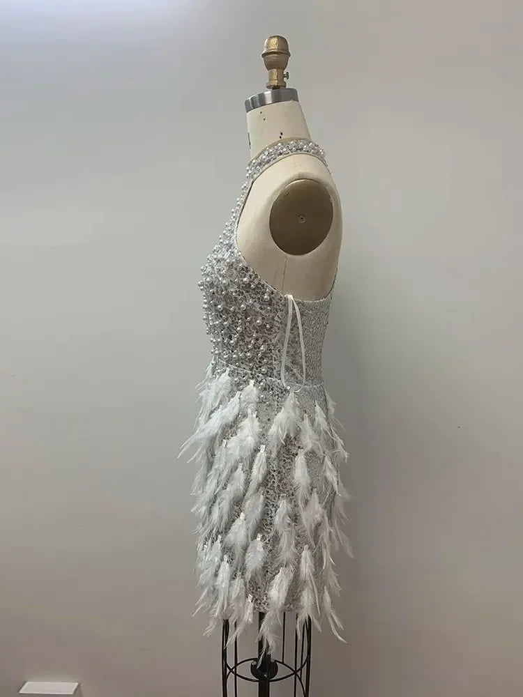 Luxury Beaded Sequins Silver Feather Tight Mini Dress Elegant Party Evening Dress Vestido