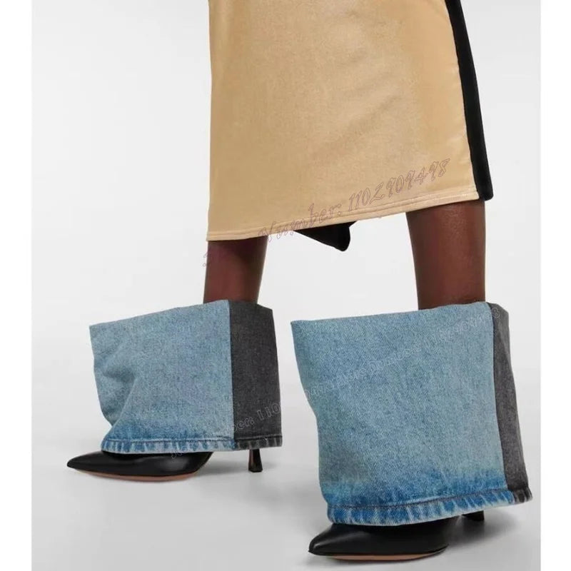 Blue Denim Patchwork Mid Calf Boots Pointed Toe Shoes