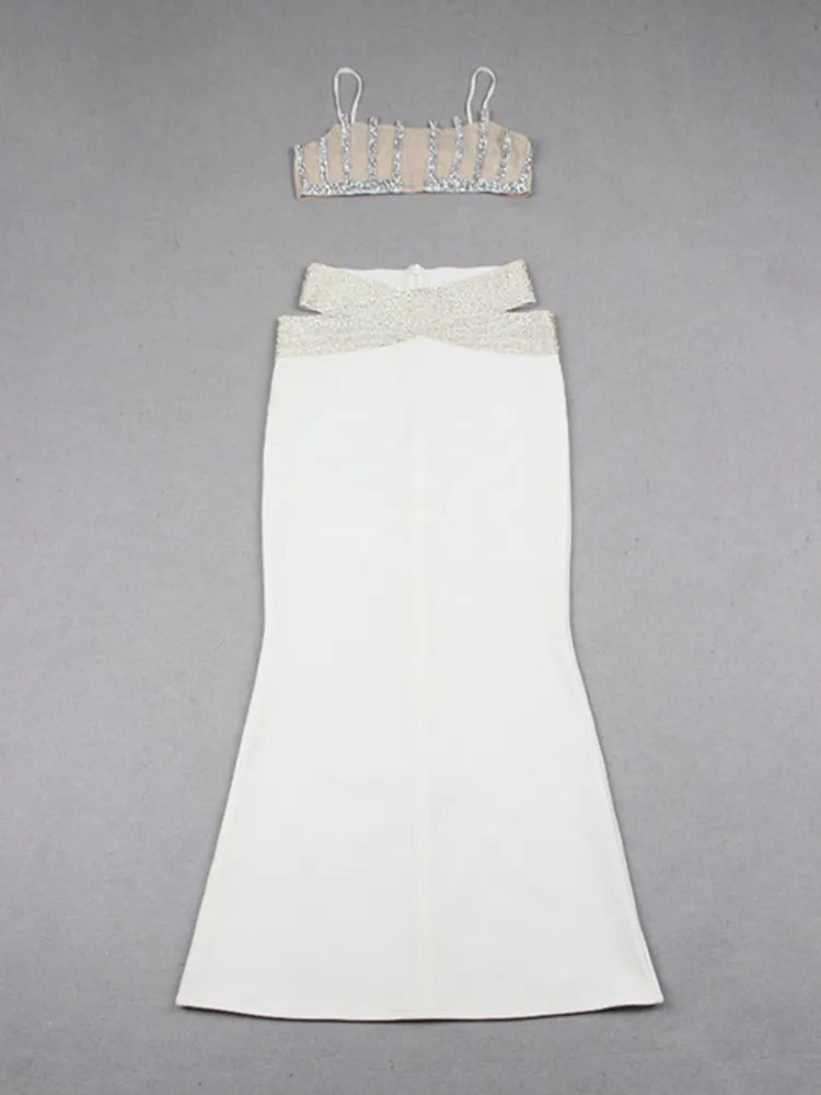 Backless Halter Diamonds Flower White Midi Bandage Skirt Set Knitted Elegant Evening Club Party Dress