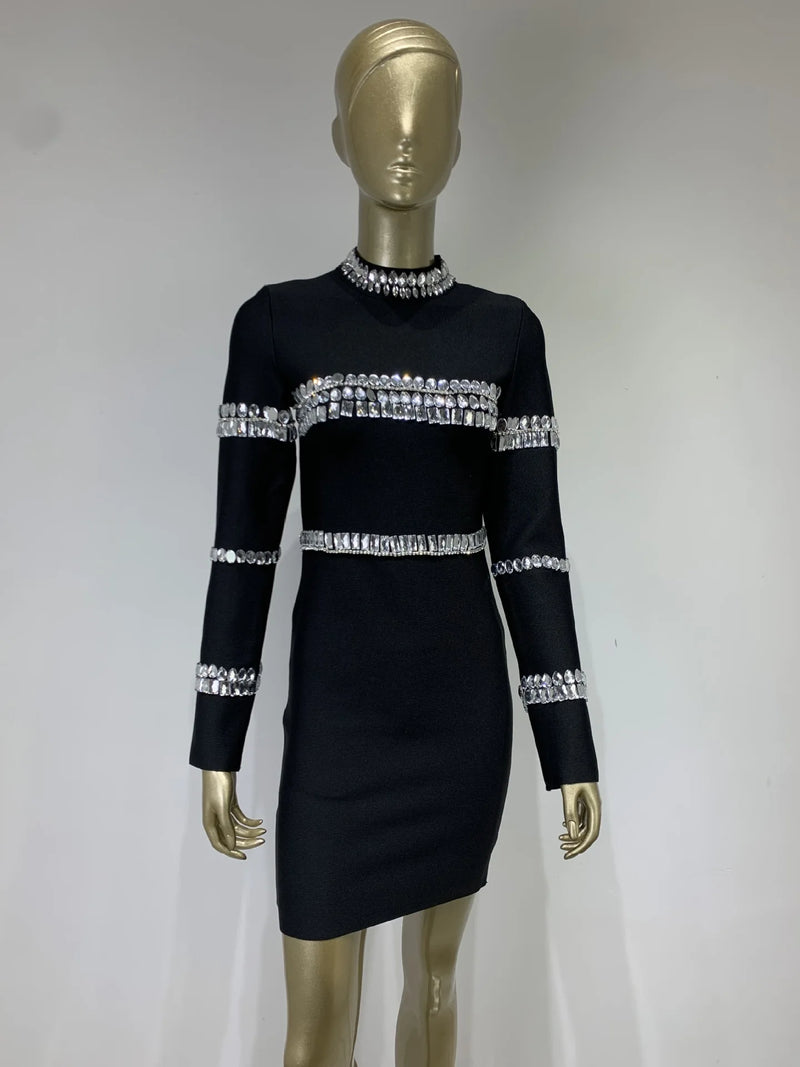 Brand New Winter Turtleneck Beading Long Sleeve Black Mini Bandage Dress