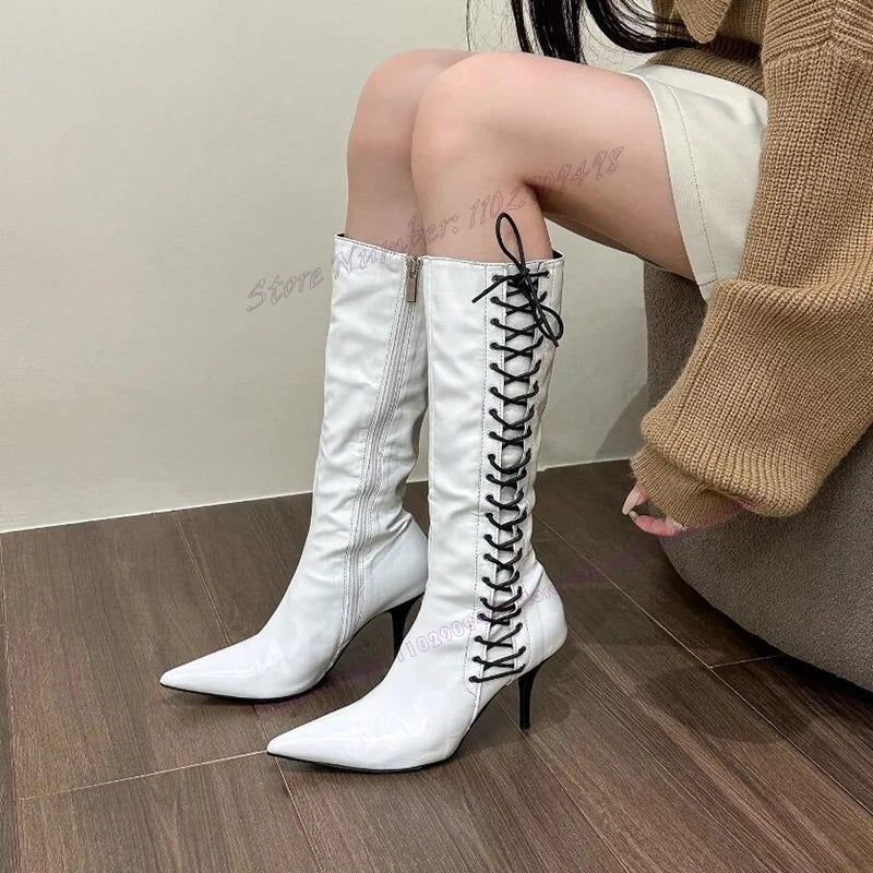 Brown Lace Up Pointed Toe Boots Knee High Patent Leather Shoes