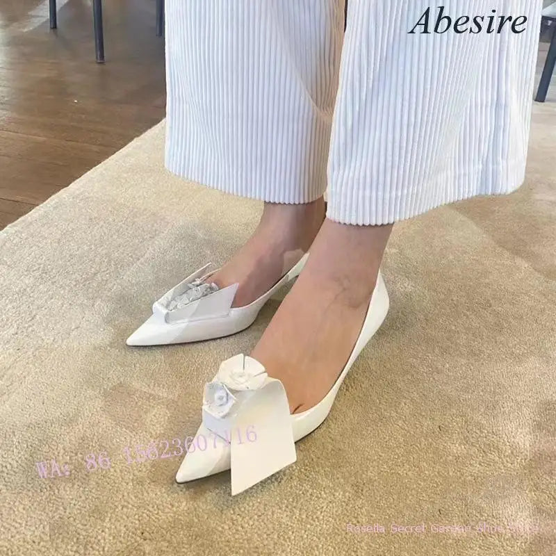 New Niche White Embellished Flower Pointed Toe Cat Heel High Heels Shallow Mouth Origami Boat Personalized Women's Single Shoes