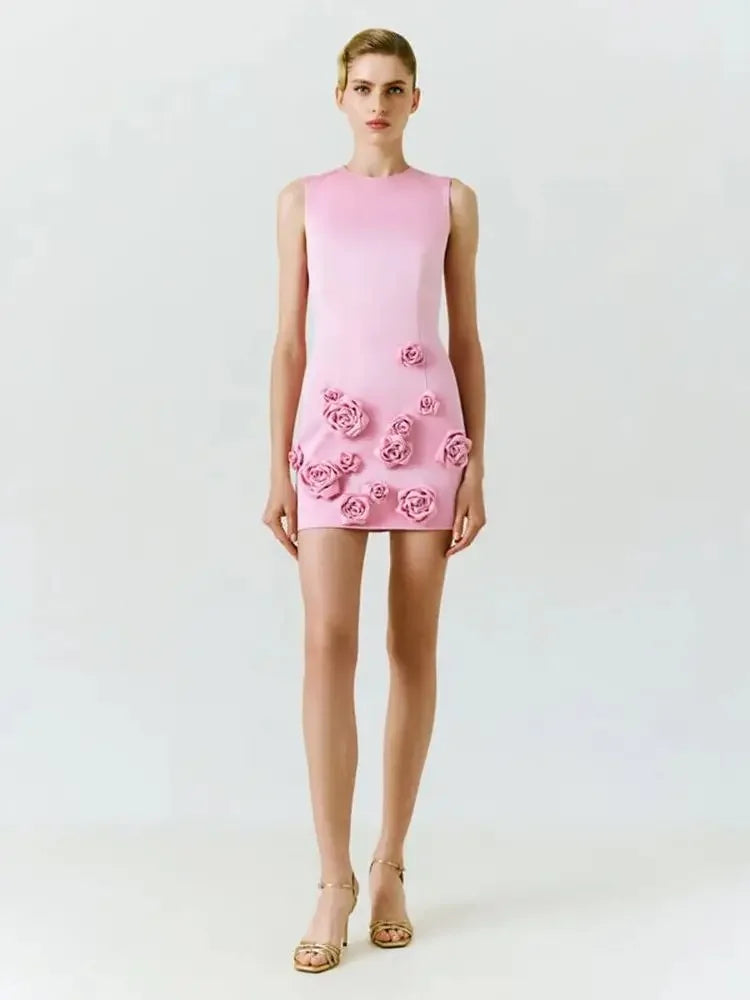 Pink 3D Flower Sleeveless Round Neck Tight Mini Dress Slim Fit Elegant Celebrity Party Dress