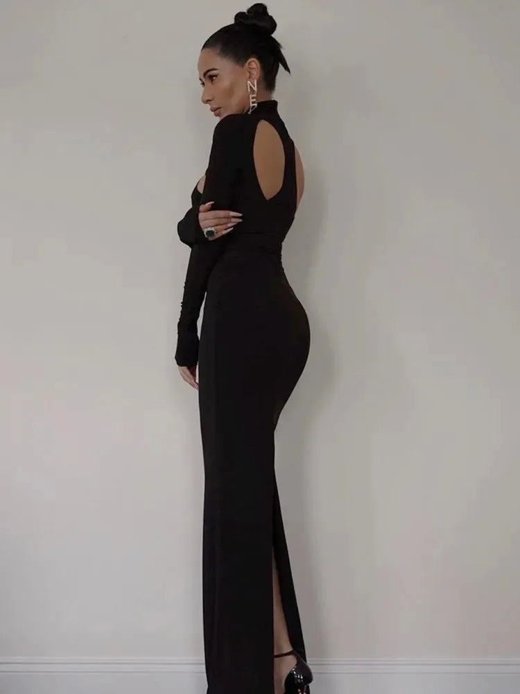 Hollow out High Neck Long Sleeve Tight Long Dress Elegant Celebrity Party Dress Vestidos