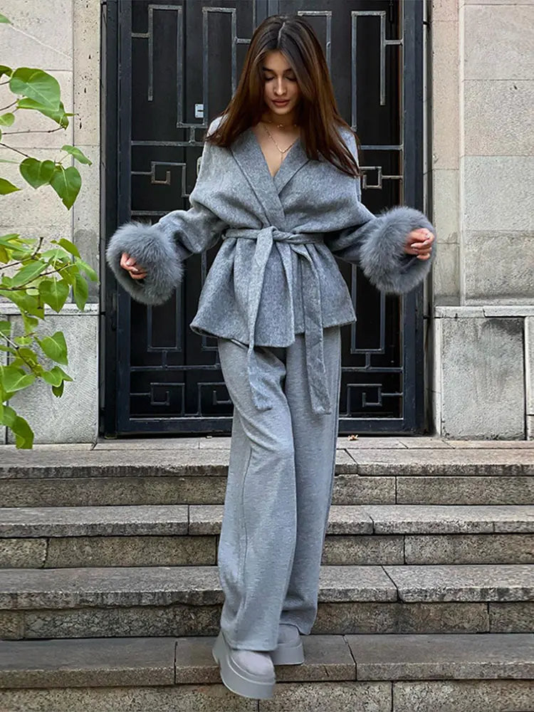 Grey Faux Long Sleeve Lapel Jacket Outwear