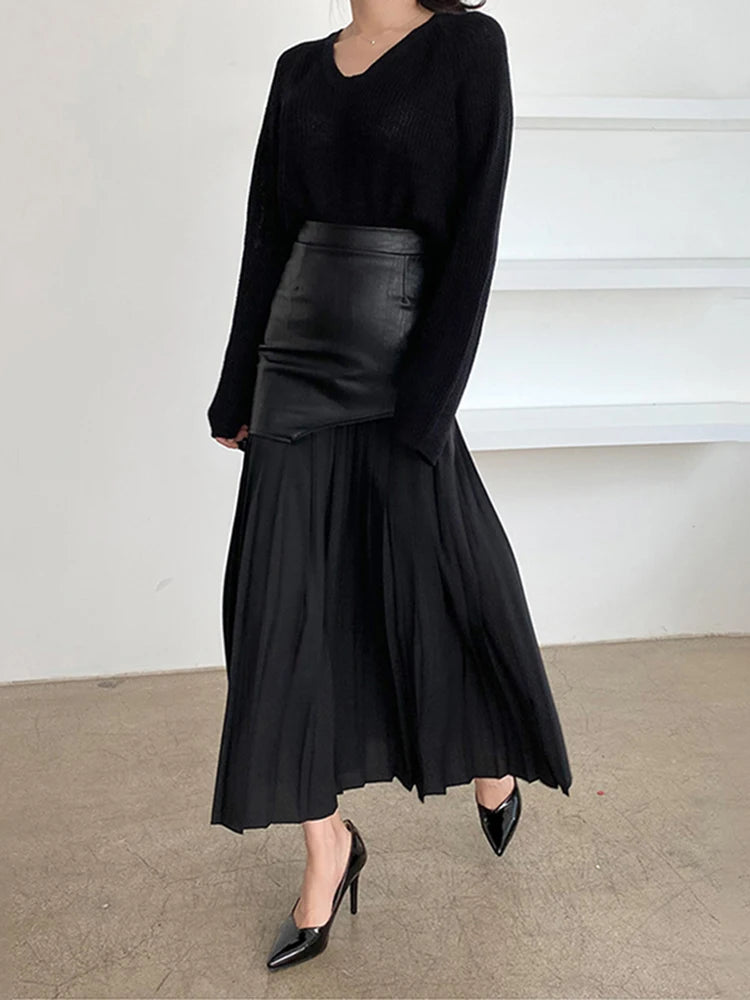 White Long Autumn Leather Patchwork A-line Wrap Hip Temperament New Fashion Women's Pleated