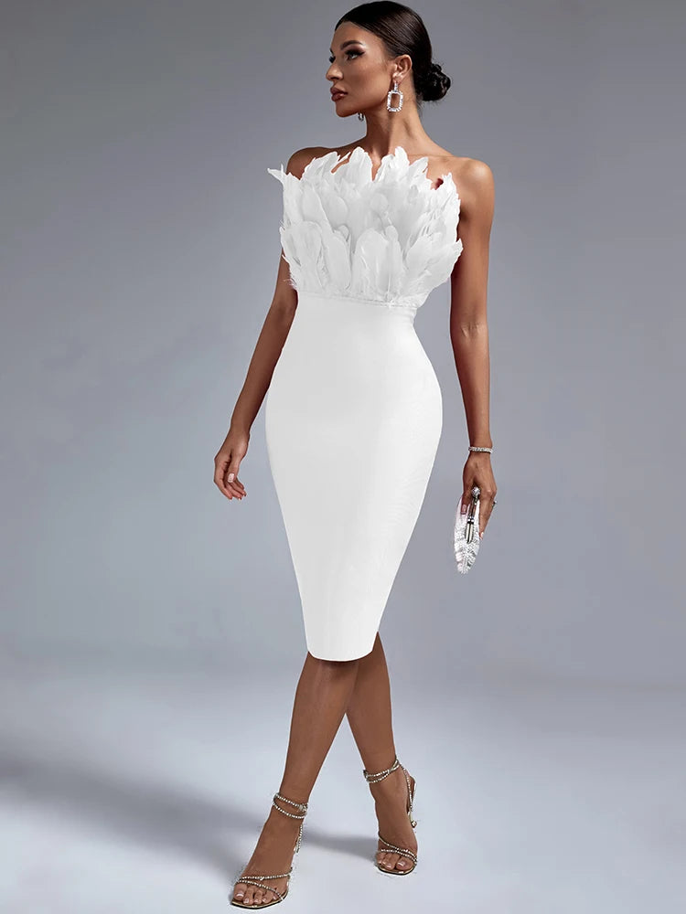White Bandage Dress Women Feather Party Dress Bodycon Elegant Midi Dress