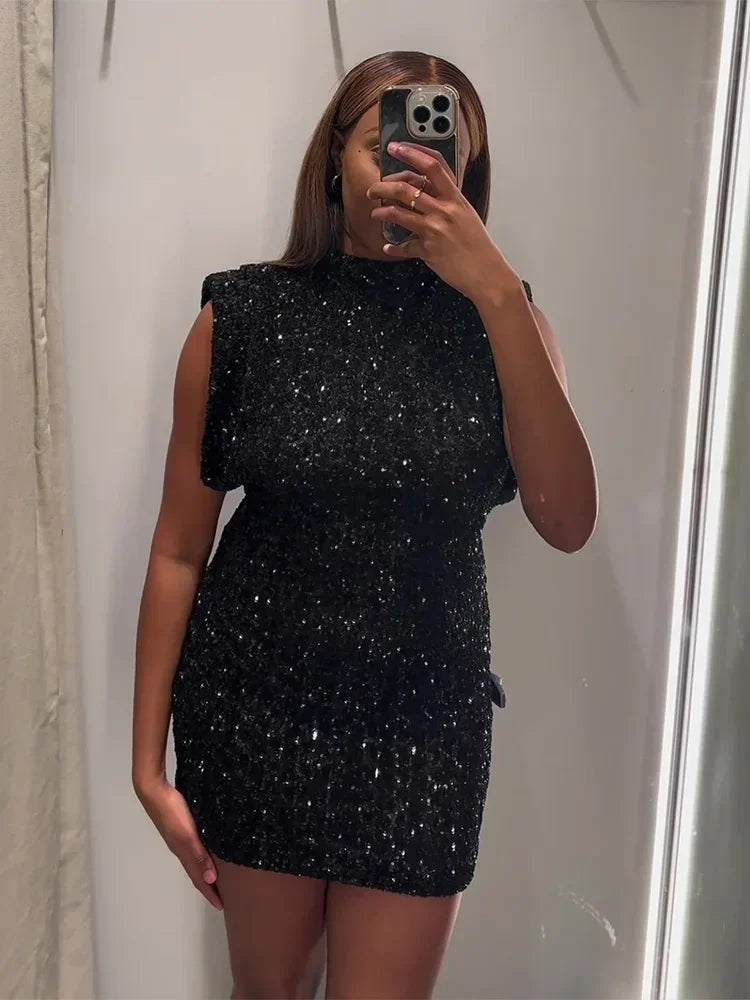 Chic Shiny Black Sequins Mini Dress