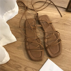 Sandals Flat Casual Cross-Tie Open Toe Fairy Style Narrow Band Shoes Black Rome Sandals