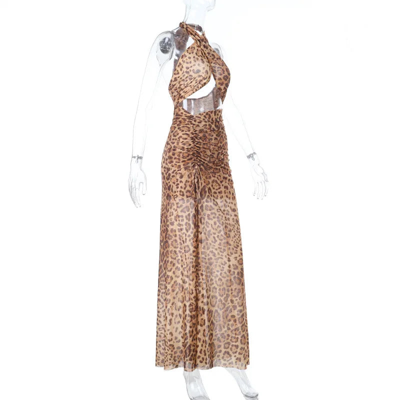 Women Leopard Print Bodycon Maxi Dress Hollow Out Cross Halter Lace Up Backless Drawstring Split Holiday Party Long Dress