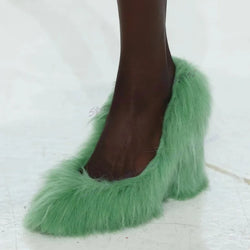 Green Fur Decor Chunky Heels Pumps Pointed Toe Shoes Zapatos Para Mujere