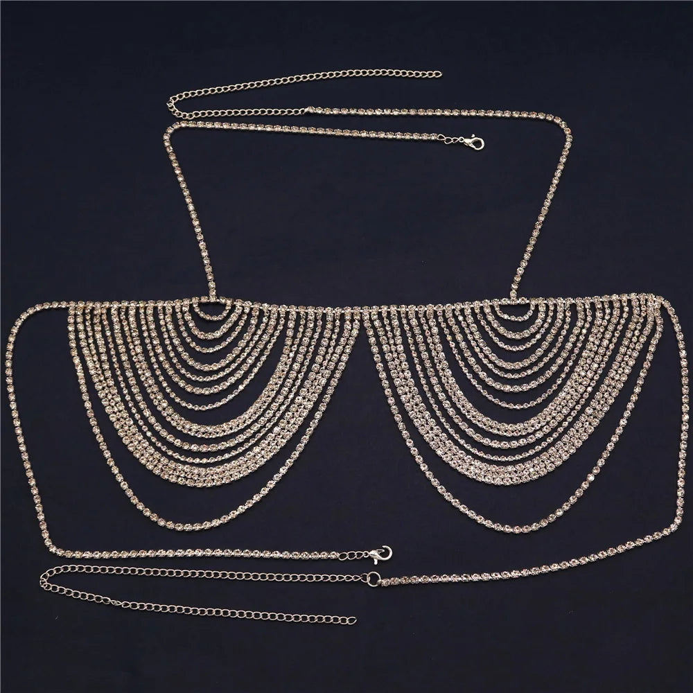 Luxury Multilayer Fringe Bra Body Chain Dress With Rhinestones