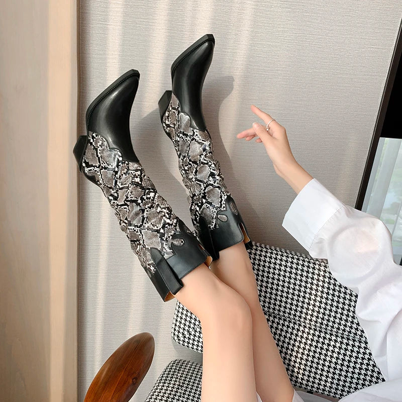 Retro Leather Boots Chunky High Heels Western Cowboy Boots Knee High Boots Pointed Toe Slip-on Long Boots Botas