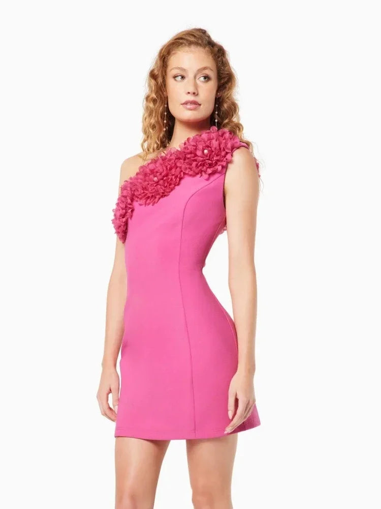 Mini Dress Women Rose Red One Shoulder Flower Bodycon Dress Evening Celebrity Party Dres