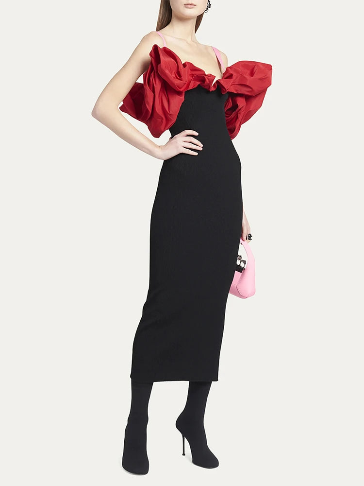 Red Black Ruffle Edge Sexy Off Shoulder Midi Bandage Dress Elegant Celebrity Party Dress