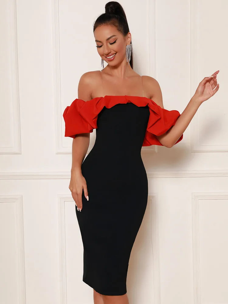 Off Shoulder Ruffles Patchwork Red Black Bodycon Midi Bandage Dress