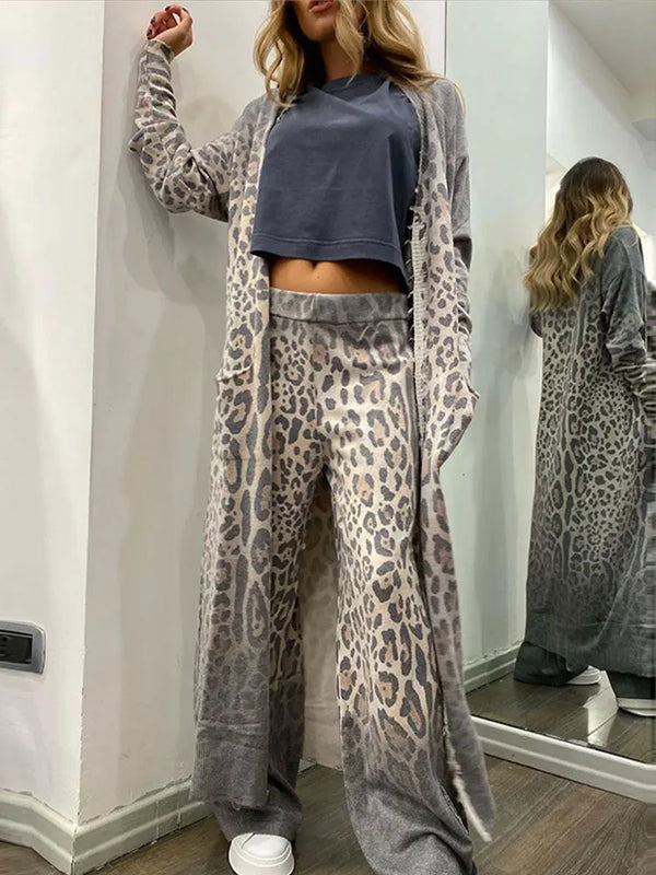 Leopard Print Long Coat Pants 2 Piece Sets Casual Outfit