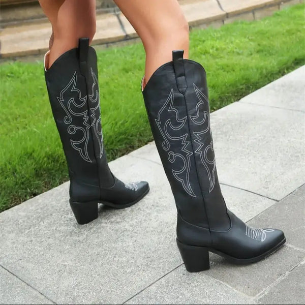 Western Black Boots Knee High Chunky Heel Embroider Shoes