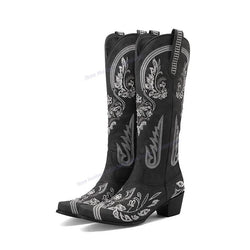 Black Embroidery Decor Knee High Pointed Toe Cowboy Boots