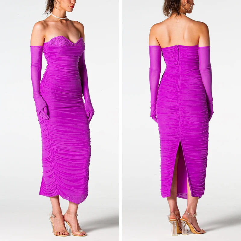 New Fashion Fuchsia Mesh Pleated Design Bandage Dress with Gloves